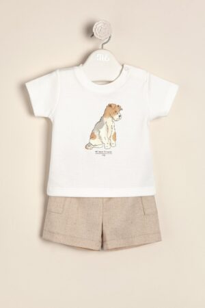 Conjunto de remera estampada Schnauzer con short de lino rustico