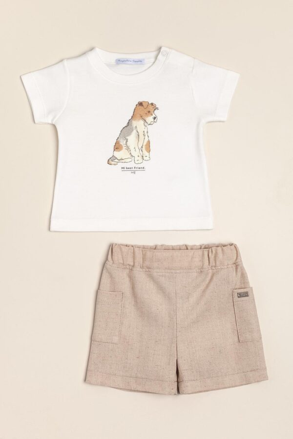 Conjunto de remera estampada Schnauzer con short de lino rustico