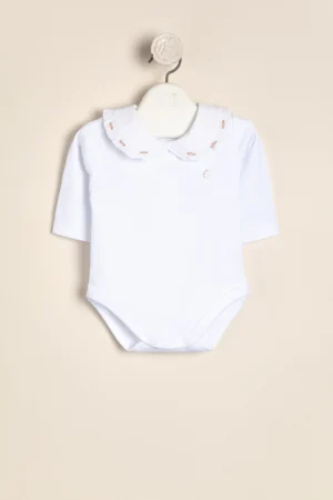 Body de interlock de algodón Pima con cuello con smocke bordado a mano Lucile