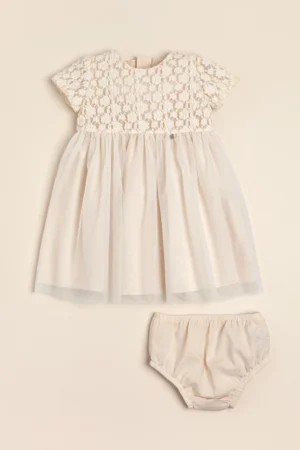 Vestido de encaje miniflores combinado con tul Paris